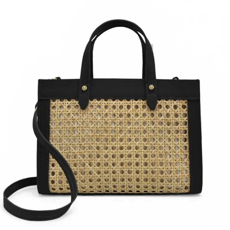 Sac cabas en cuir lisse et rotin THEOLINE Noir