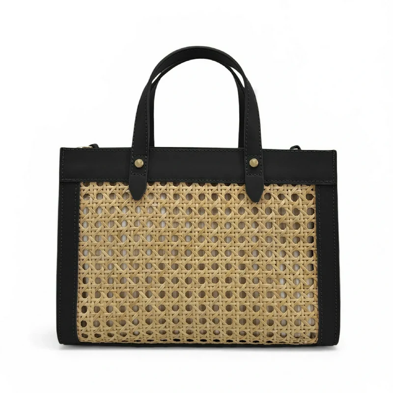 Sac cabas en cuir lisse et rotin THEOLINE Noir