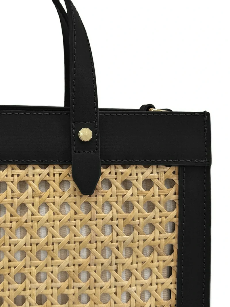 Sac cabas en cuir lisse et rotin THEOLINE Noir