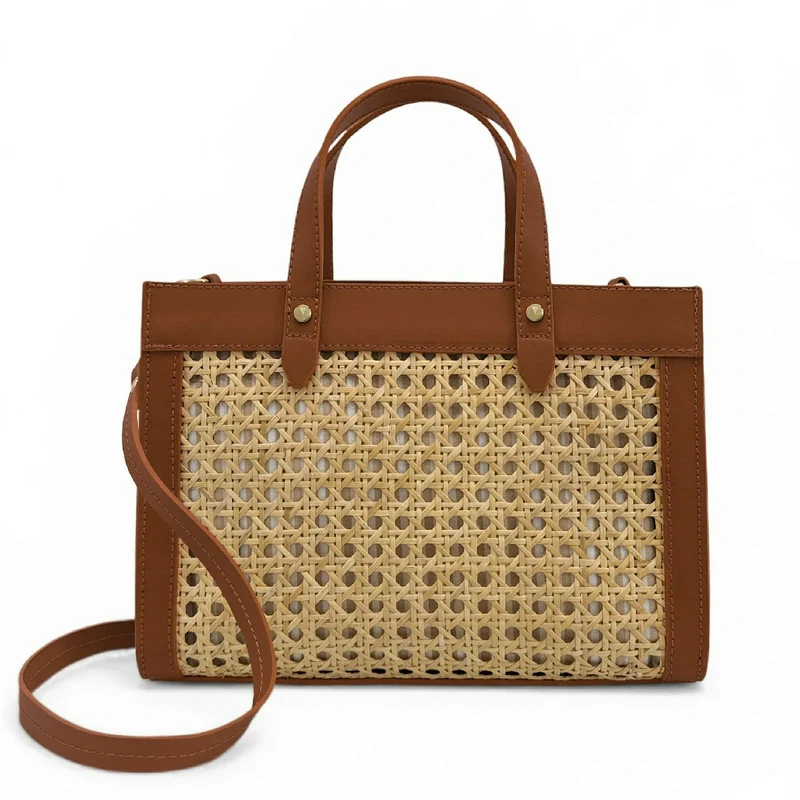 Sac cabas en cuir lisse et rotin THEOLINE Marron camel foncé