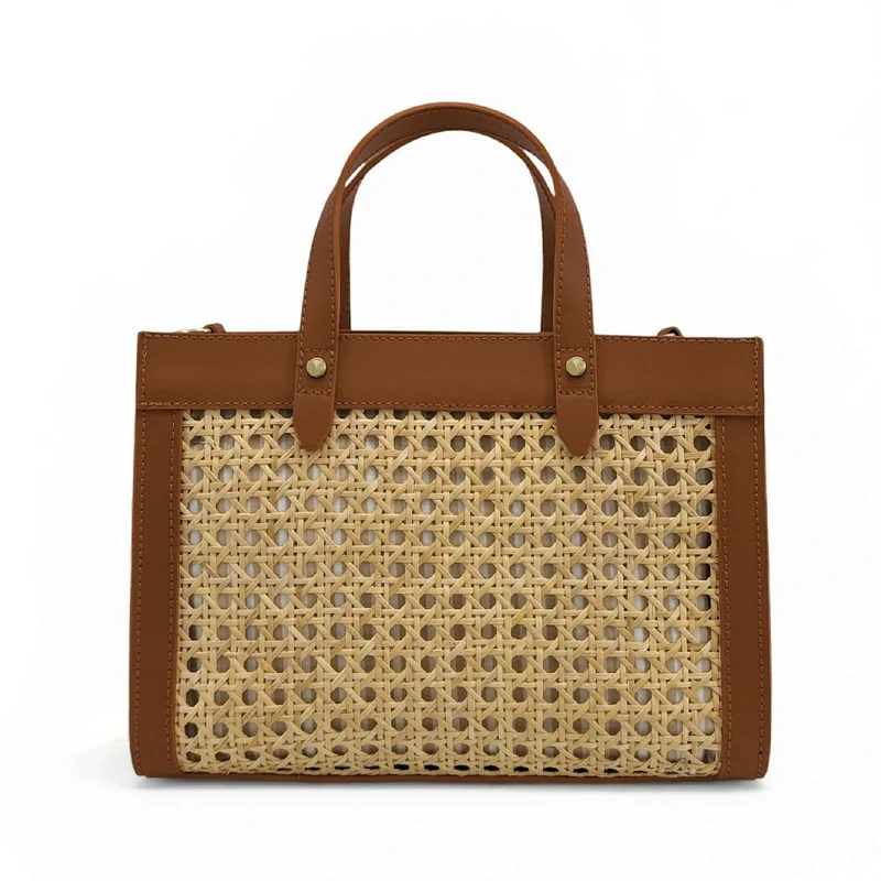 Sac cabas en cuir lisse et rotin THEOLINE Marron camel foncé