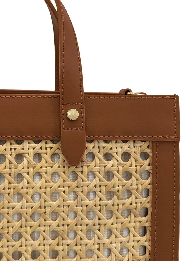 Sac cabas en cuir lisse et rotin THEOLINE Marron camel foncé