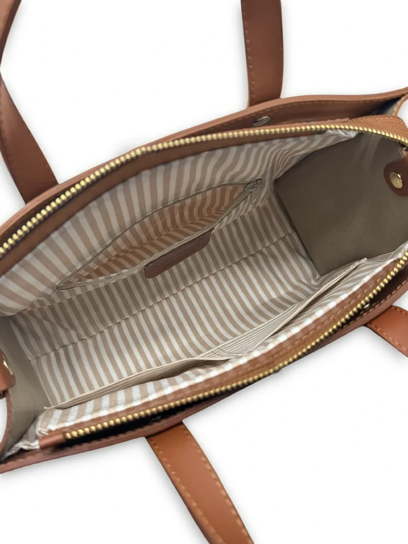 Sac cabas en cuir lisse et rotin THEOLINE Marron camel foncé