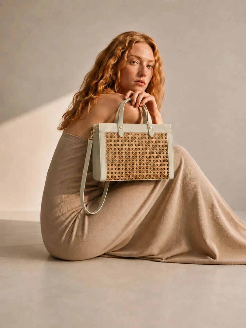 Sac cabas en cuir lisse et rotin THEOLINE Beige crème