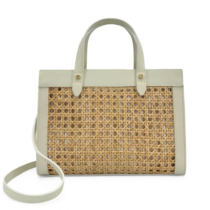 Sac cabas en cuir lisse et rotin THEOLINE Beige crème