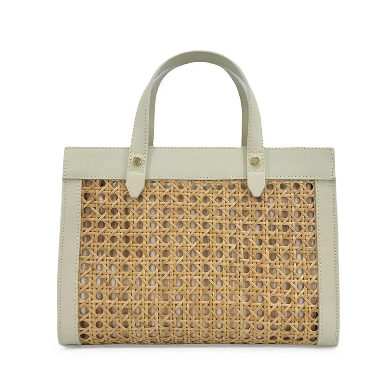 Sac cabas en cuir lisse et rotin THEOLINE Beige crème