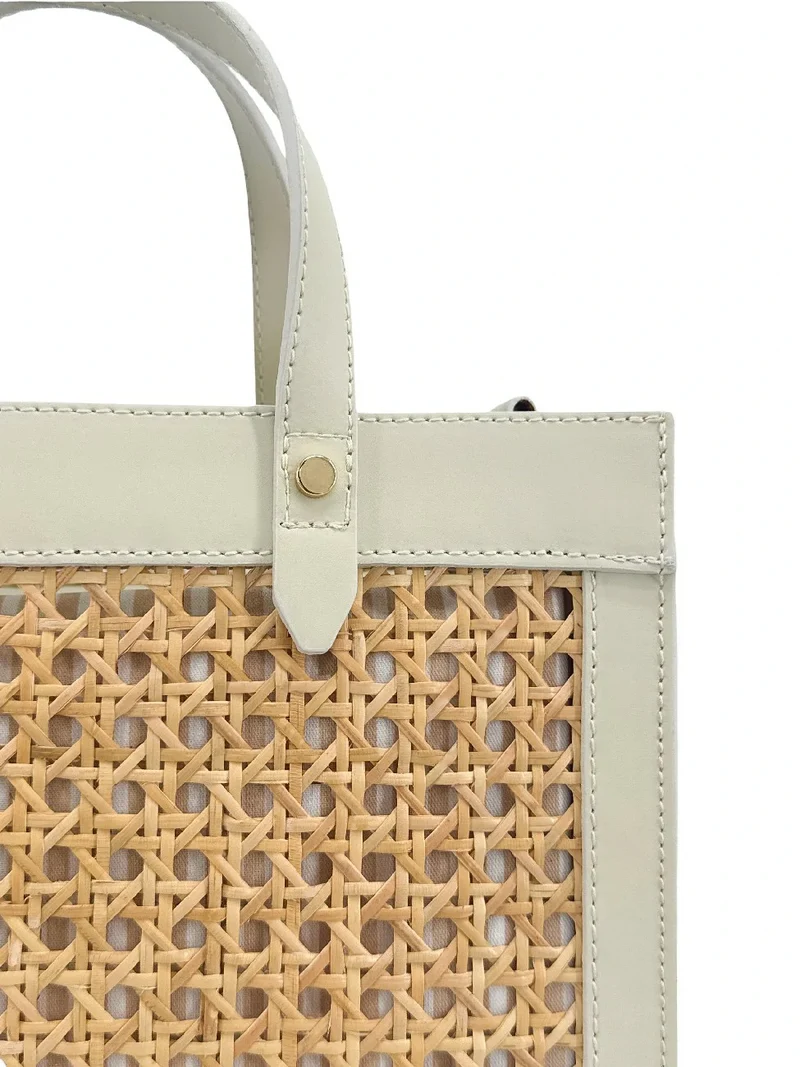 Sac cabas en cuir lisse et rotin THEOLINE Beige crème