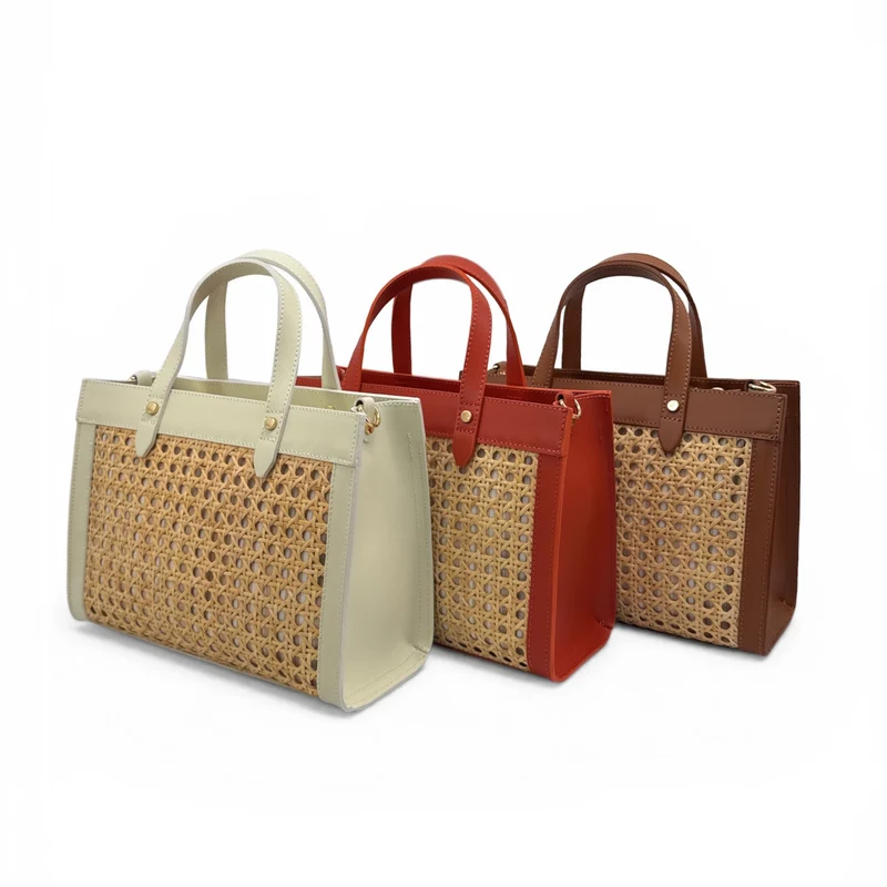 Sac cabas en cuir lisse et rotin THEOLINE Beige crème