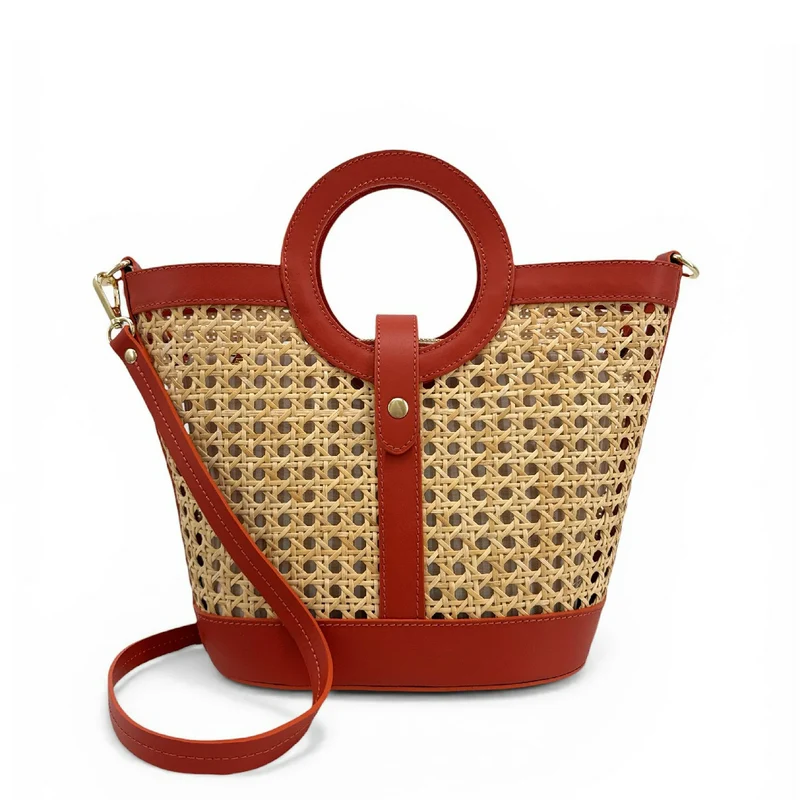 Sac cabas en cuir lisse et rotin ODINE Terracotta