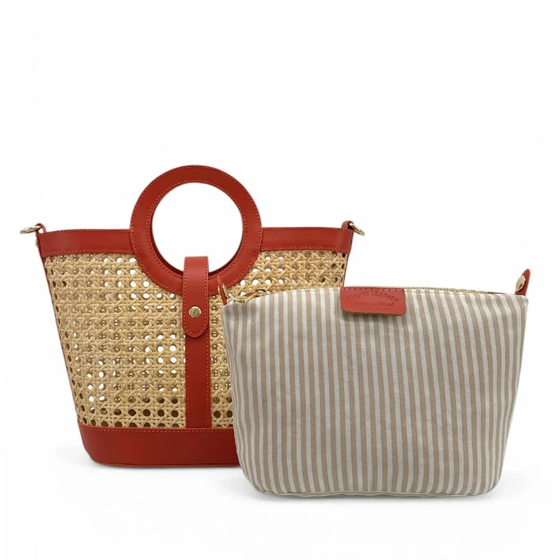 Sac cabas en cuir lisse et rotin ODINE Terracotta