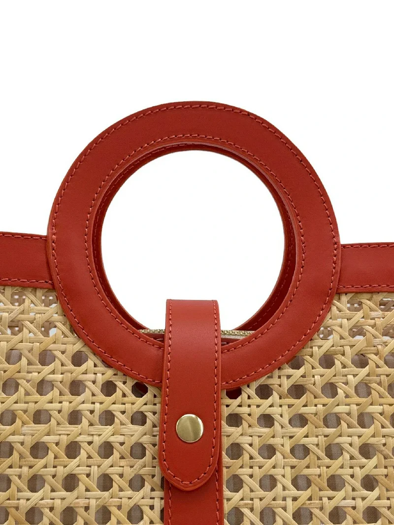 Sac cabas en cuir lisse et rotin ODINE Terracotta