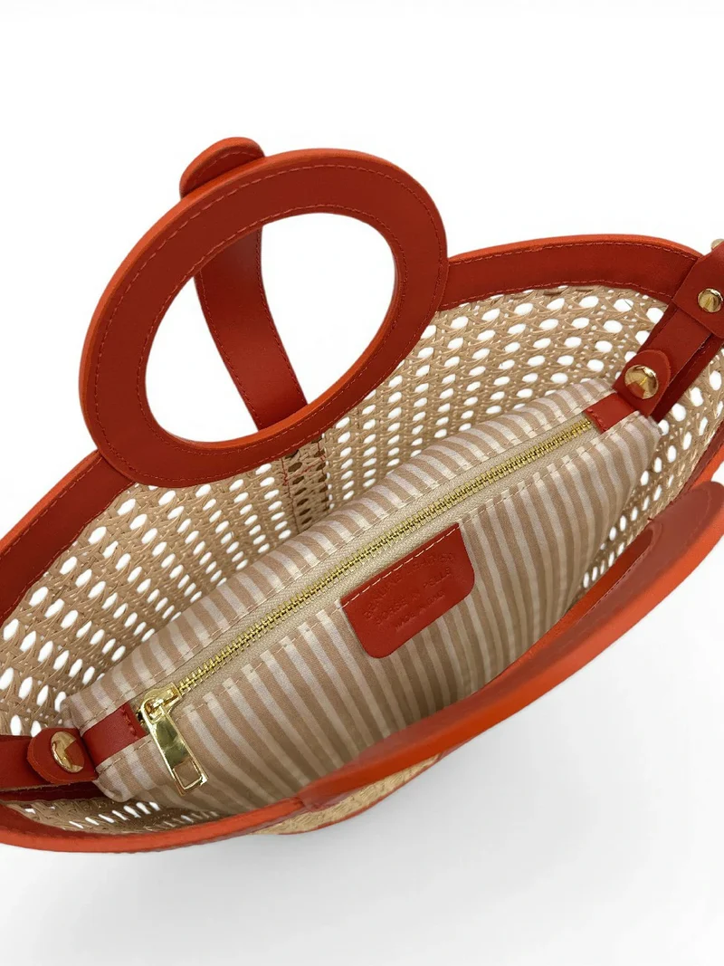Sac cabas en cuir lisse et rotin ODINE Terracotta