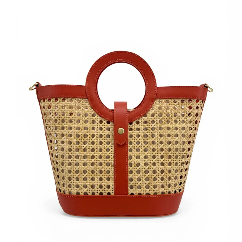 Sac cabas en cuir lisse et rotin ODINE Terracotta