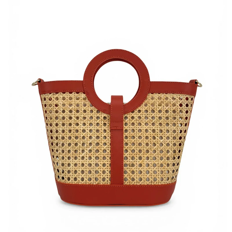 Sac cabas en cuir lisse et rotin ODINE Terracotta