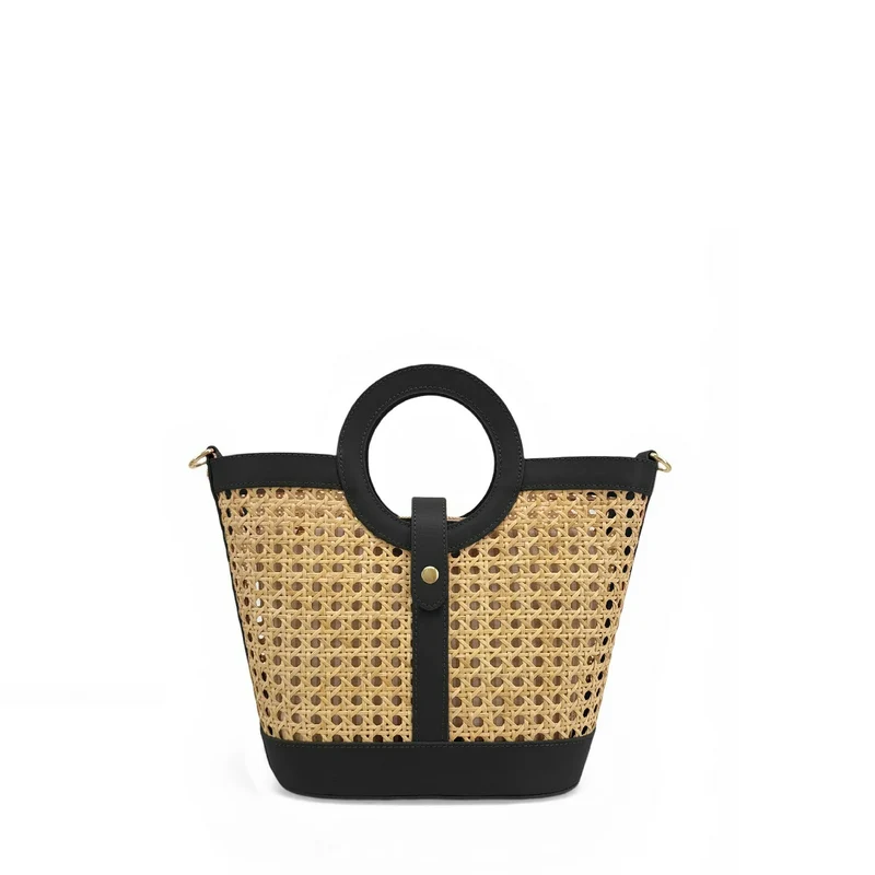 Sac cabas en cuir lisse et rotin ODINE Noir