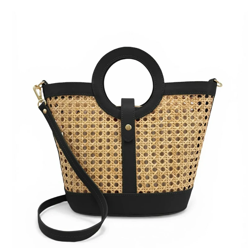 Sac cabas en cuir lisse et rotin ODINE Noir