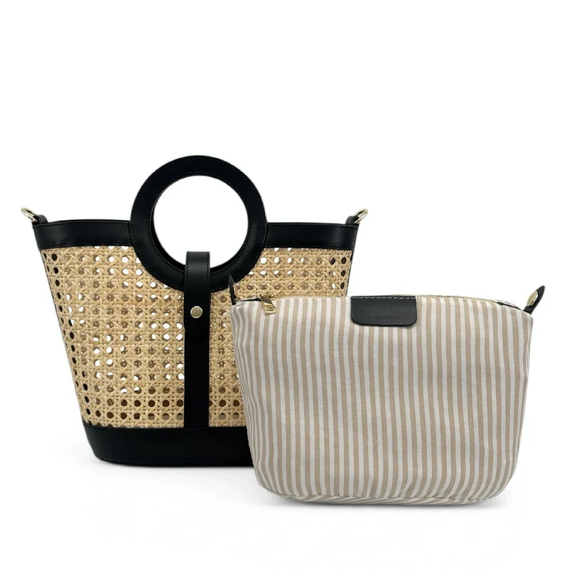 Sac cabas en cuir lisse et rotin ODINE Noir