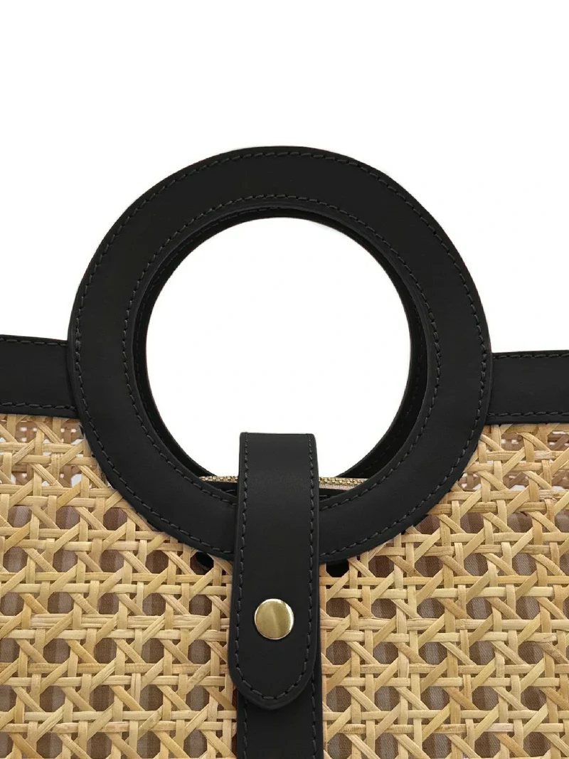 Sac cabas en cuir lisse et rotin ODINE Noir
