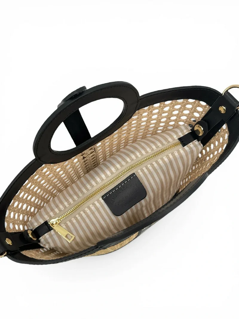 Sac cabas en cuir lisse et rotin ODINE Noir