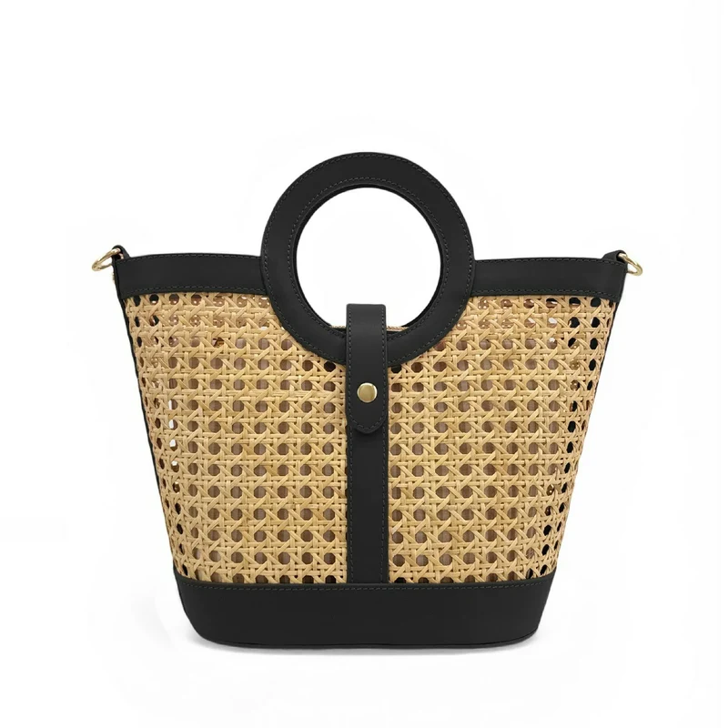 Sac cabas en cuir lisse et rotin ODINE Noir