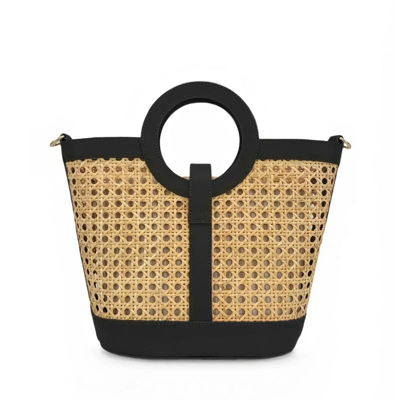 Sac cabas en cuir lisse et rotin ODINE Noir