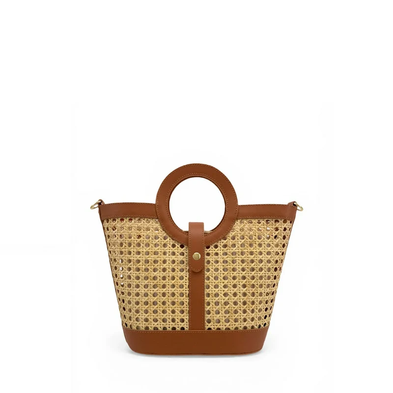 Sac cabas en cuir lisse et rotin ODINE Marron camel foncé