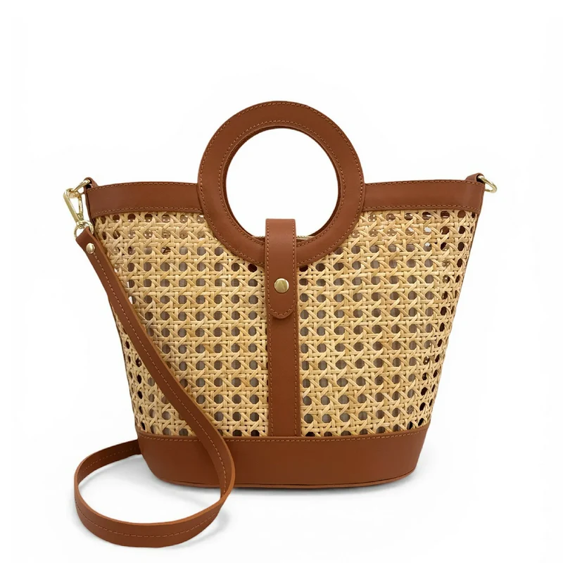 Sac cabas en cuir lisse et rotin ODINE Marron camel foncé