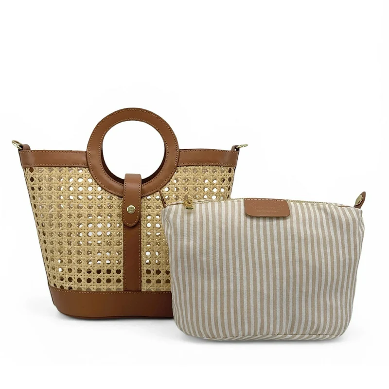 Sac cabas en cuir lisse et rotin ODINE Marron camel foncé