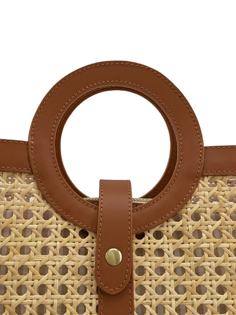 Sac cabas en cuir lisse et rotin ODINE Marron camel foncé