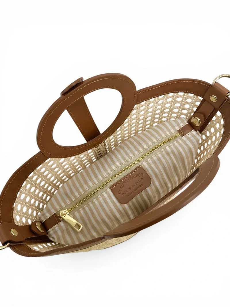 Sac cabas en cuir lisse et rotin ODINE Marron camel foncé
