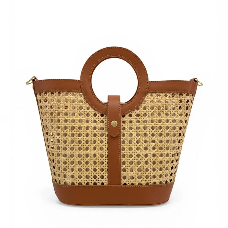 Sac cabas en cuir lisse et rotin ODINE Marron camel foncé
