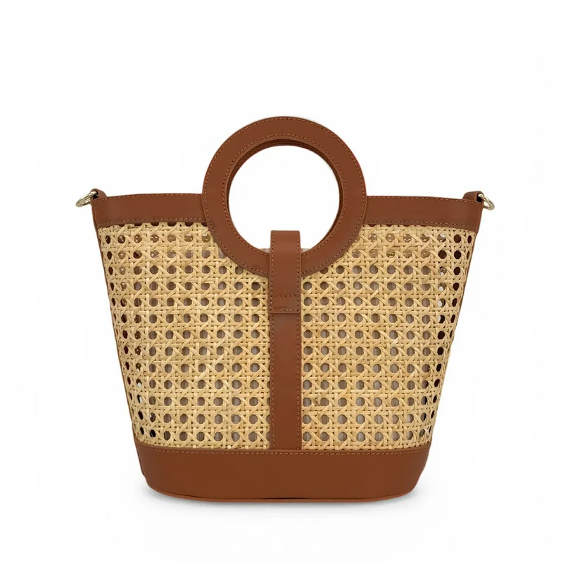 Sac cabas en cuir lisse et rotin ODINE Marron camel foncé