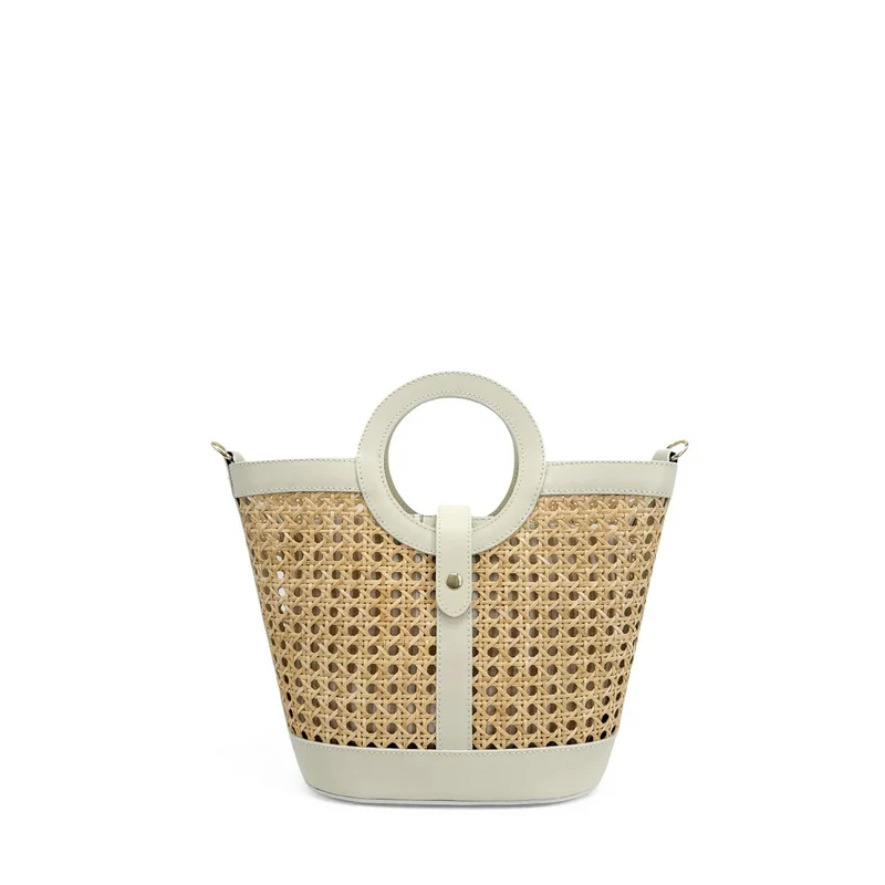 Sac cabas en cuir lisse et rotin ODINE Beige crème
