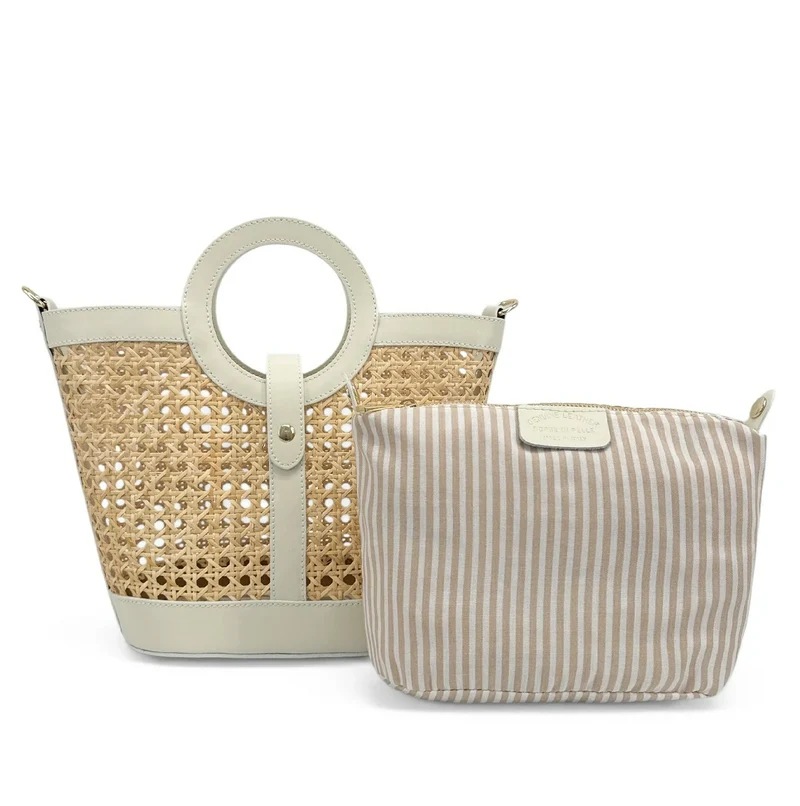 Sac cabas en cuir lisse et rotin ODINE Beige crème