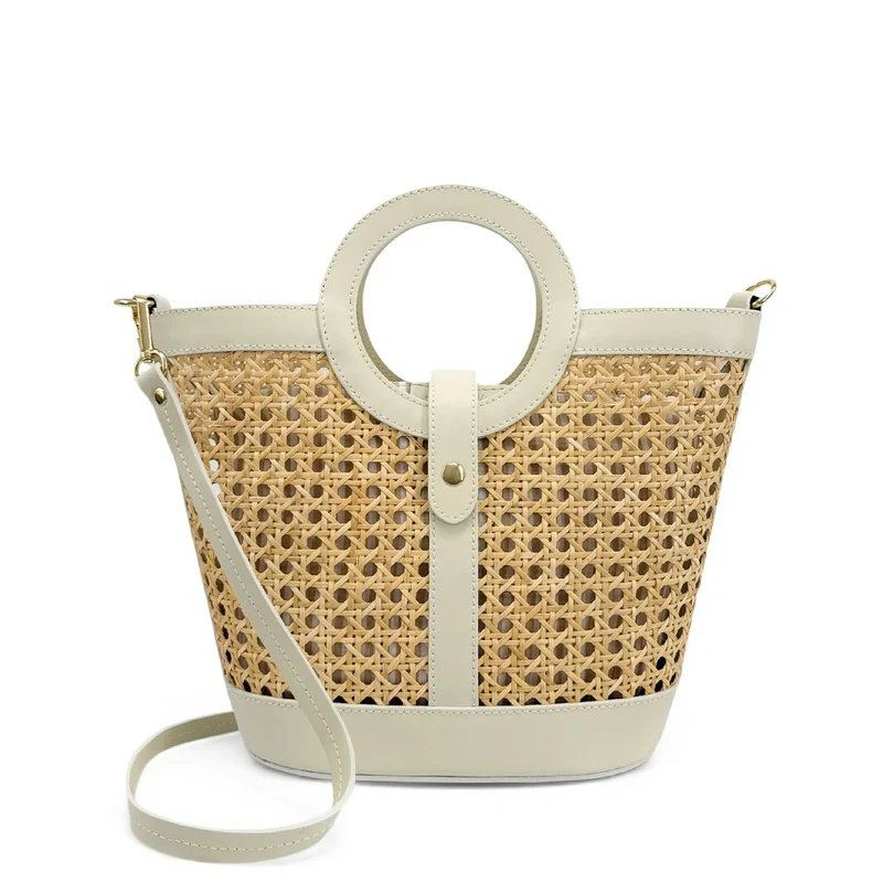 Sac cabas en cuir lisse et rotin ODINE Beige crème