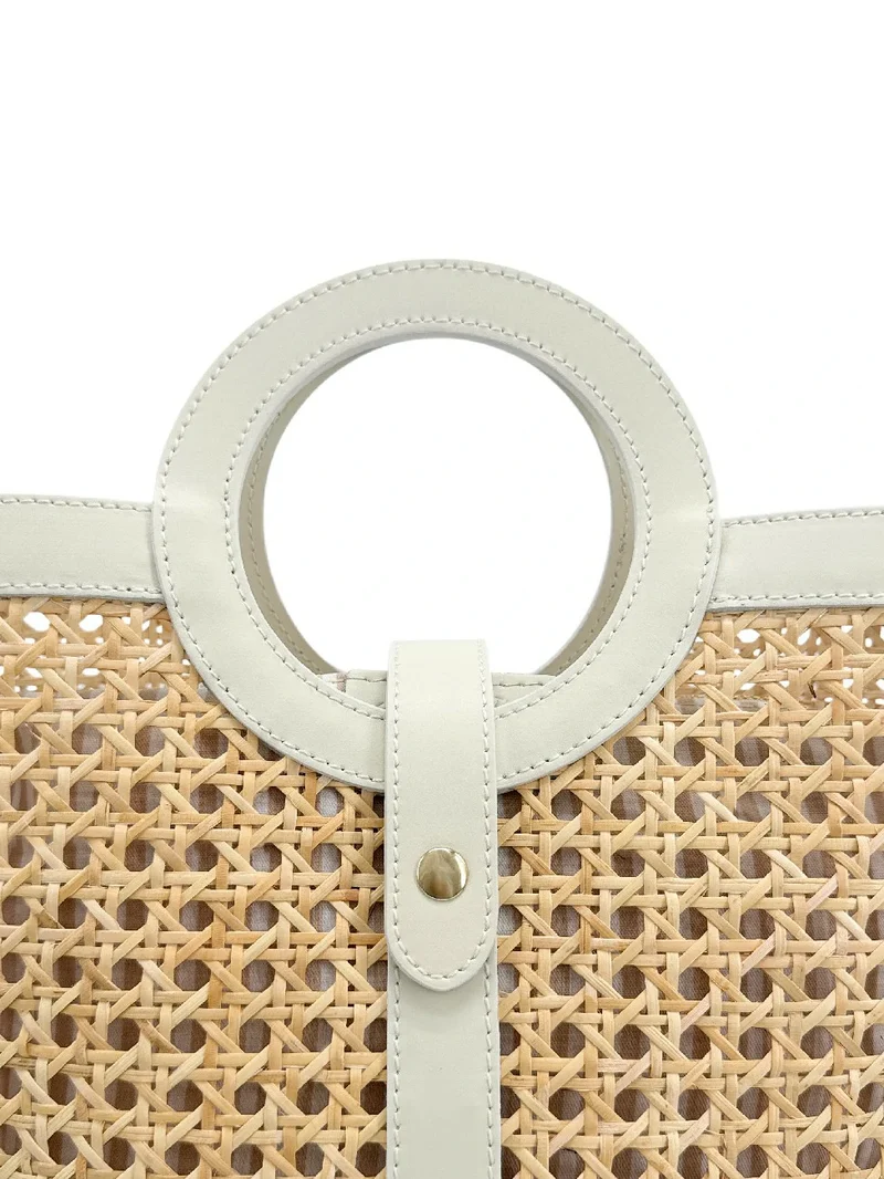 Sac cabas en cuir lisse et rotin ODINE Beige crème