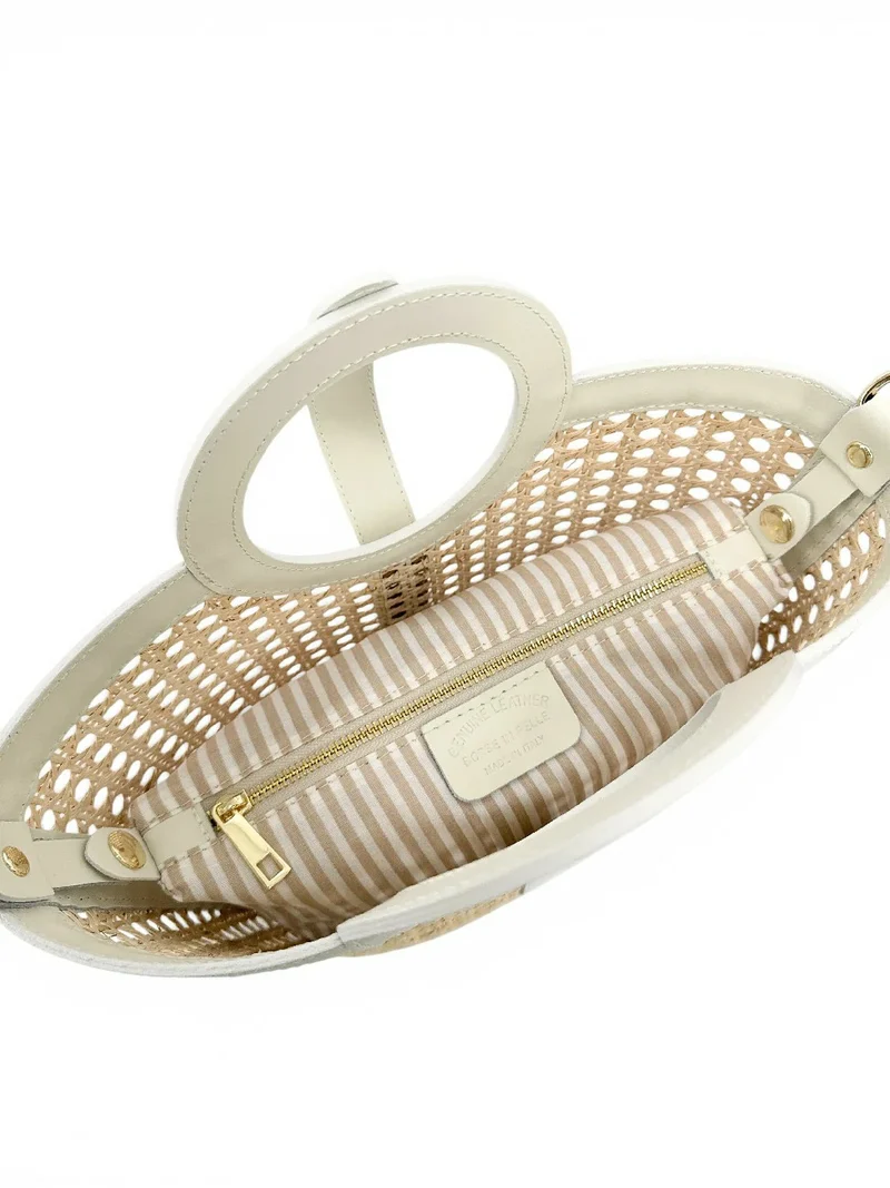 Sac cabas en cuir lisse et rotin ODINE Beige crème