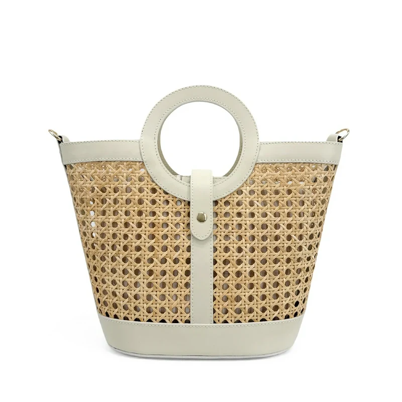 Sac cabas en cuir lisse et rotin ODINE Beige crème