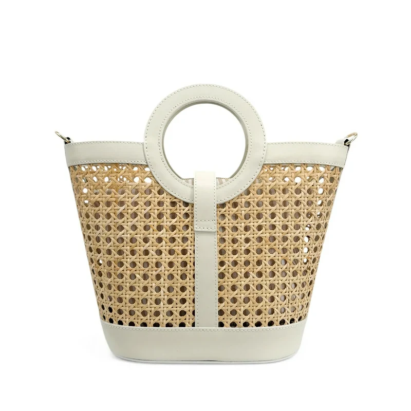 Sac cabas en cuir lisse et rotin ODINE Beige crème