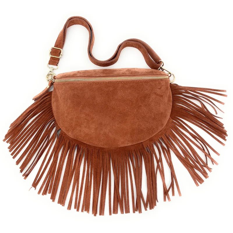 Sac banane en daim à franges LOU RODEO Rose blush