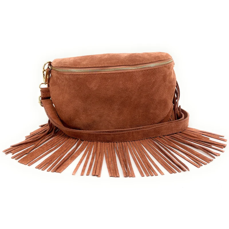 Sac banane en daim à franges LOU RODEO Rose blush