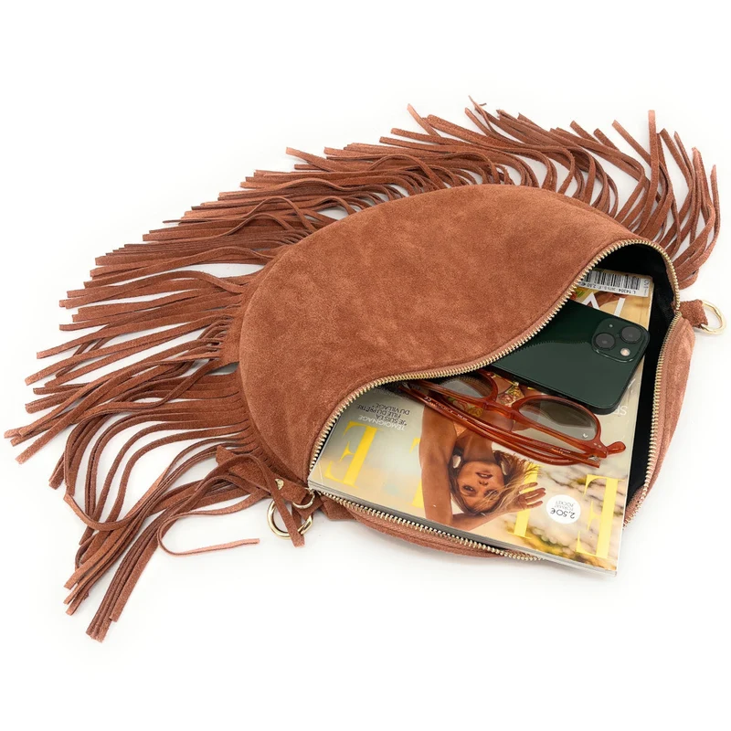 Sac banane en daim à franges LOU RODEO Rose blush