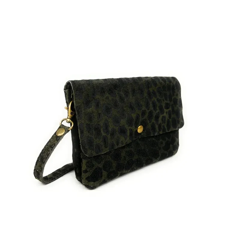 Sac pochette en daim à motif MAELIA JUNGLE Léopard kaki