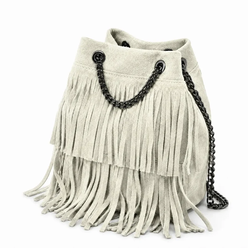 Sac à main à franges en daim TADI Taupe clair