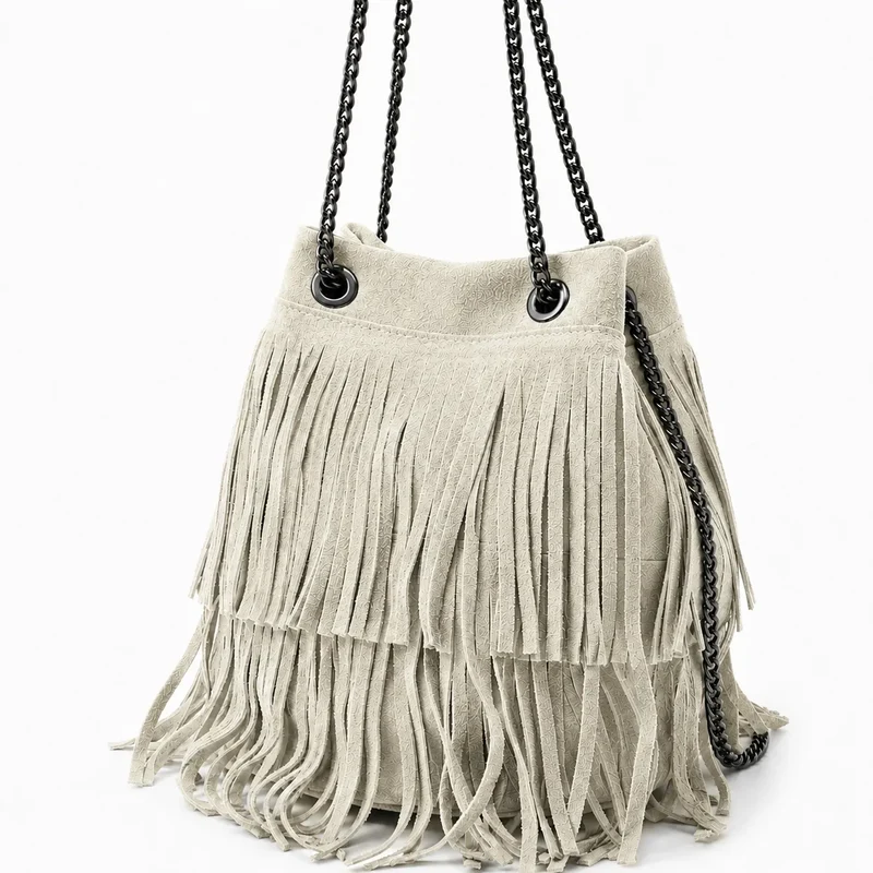 Sac à main à franges en daim TADI Taupe clair