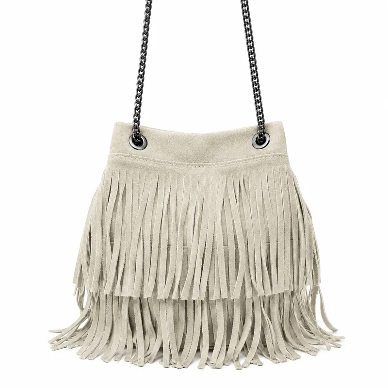 Sac à main à franges en daim TADI Taupe clair
