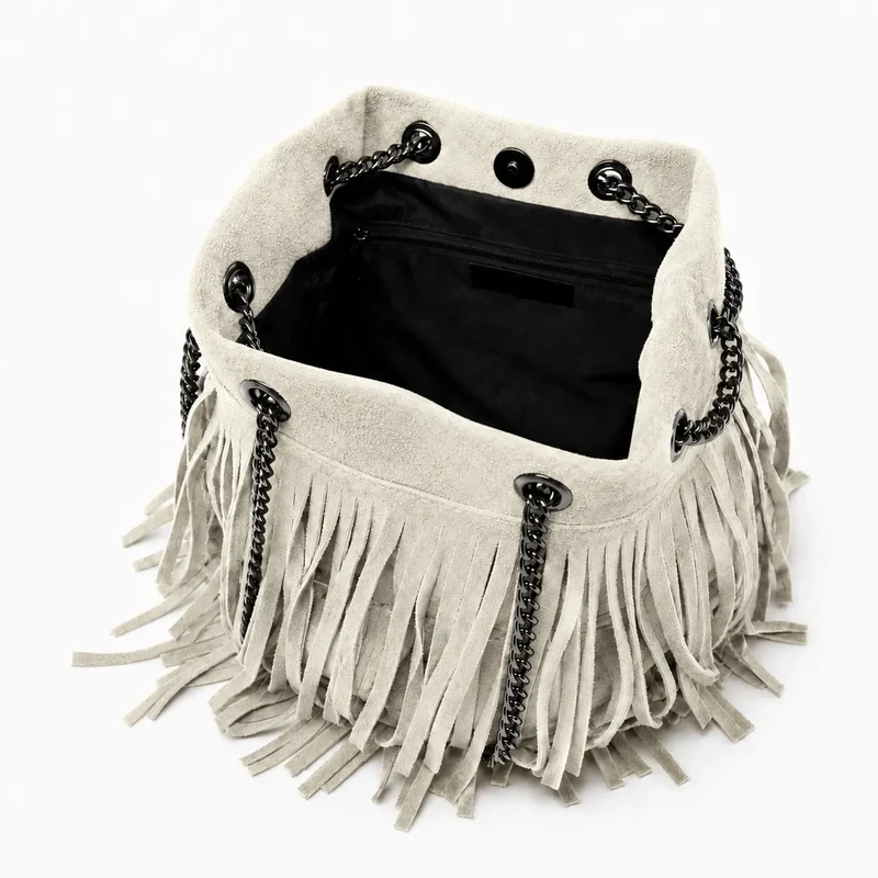 Sac à main à franges en daim TADI Taupe clair