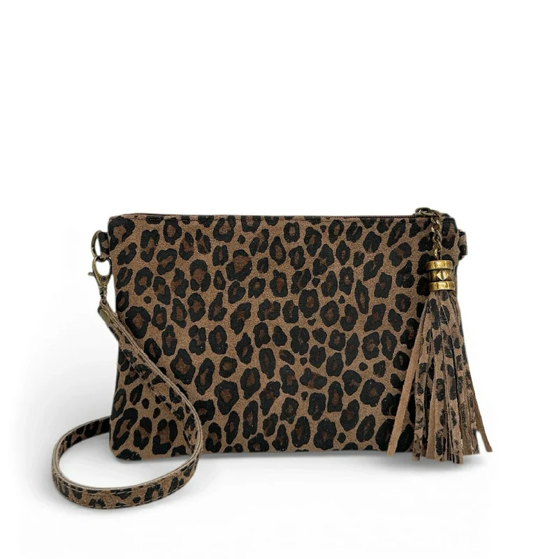 Sac pochette en daim à motif MORGANE JUNGLE Léopard taupe foncé