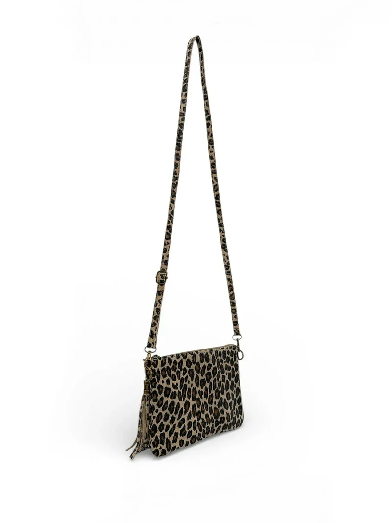 Sac pochette en daim à motif MORGANE JUNGLE Léopard taupe foncé