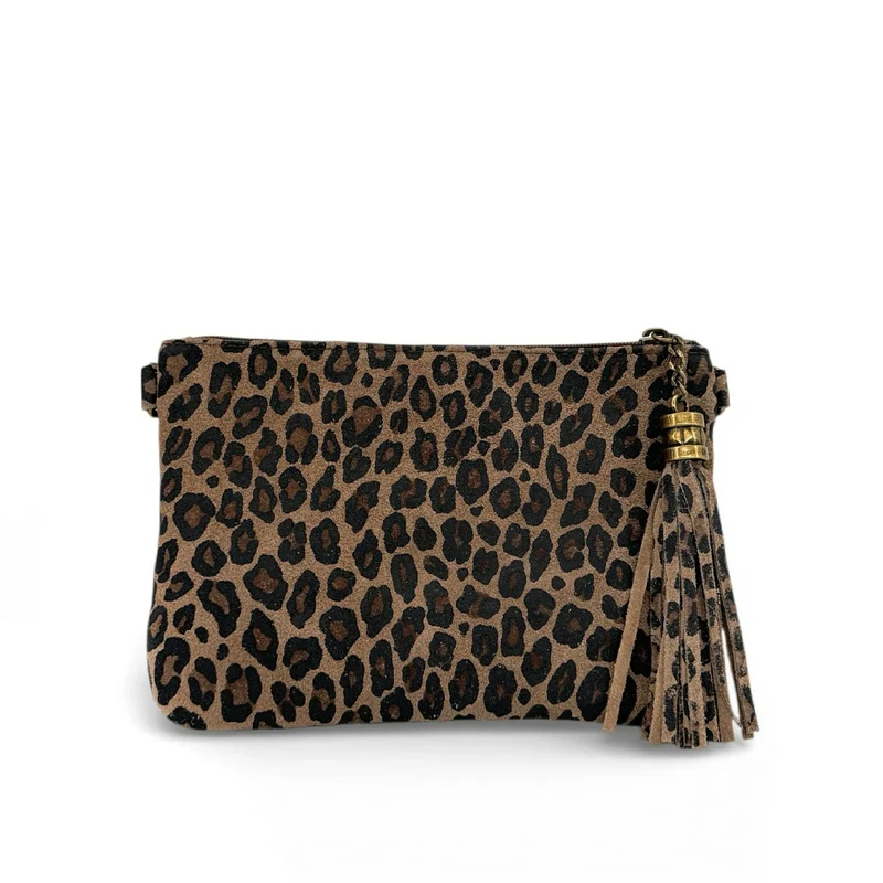 Sac pochette en daim à motif MORGANE JUNGLE Léopard taupe foncé
